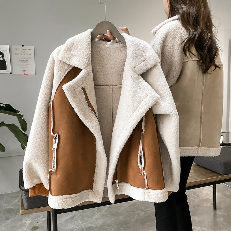 Suede Jacket Women Short Lamb Velvet Motorcycle Jacket Stylish Coat